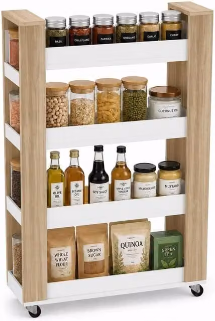 PAWNORA 4 Tier Kitchen Storage Trolley Cart in Light Oak and White – 1