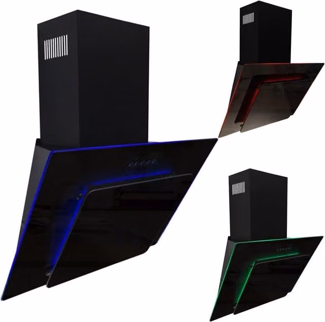 SIA AGE61BL Black Glass Angled Kitchen Cooker Hood Chimney Extractor Fan with Red, Blue and Green LED Edge Lit Mood Lighting, Width: 60 cm – 1