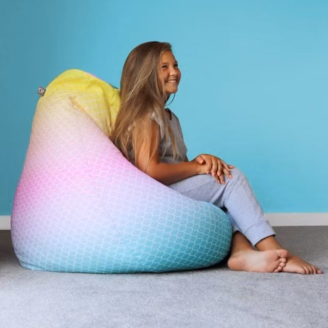rucomfy Indoor Mermaid Bean Bag Chair in Blue and Multicolour Geometric Fabric for Children and Teenagers