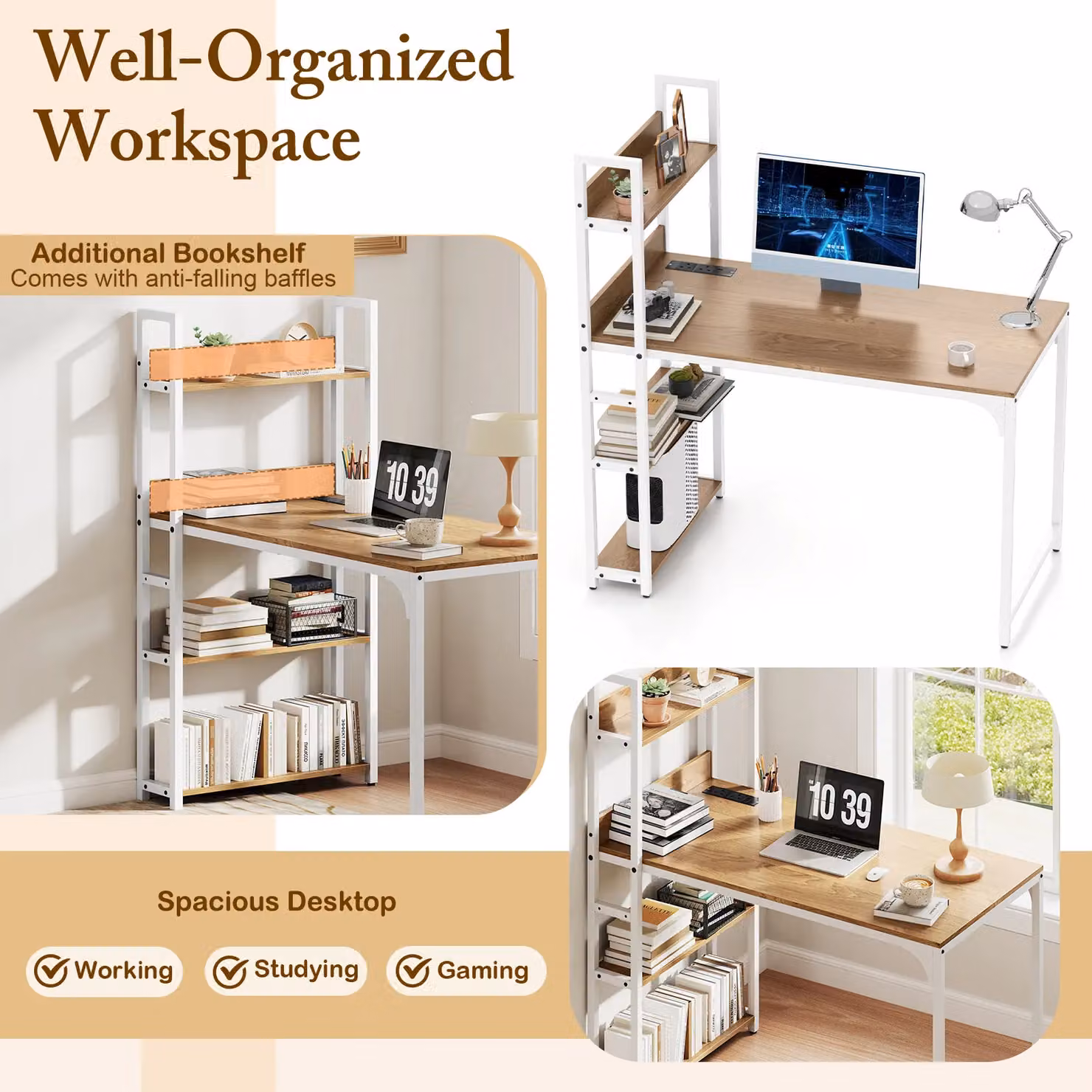 Gymax Industrial Writing Desk and Gaming Table with Power Outlets and Shelves in Khaki – 3