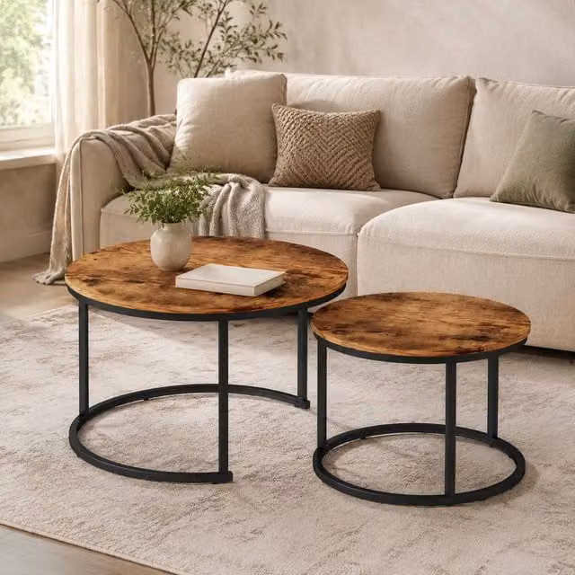 STILVORA Nest of 2 Round Coffee Tables in Brown and Black – 1