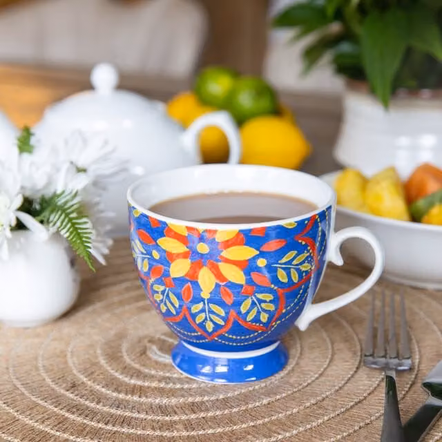 KitchenCraft Set of 4 Moroccan Blue Floral Ceramic Footed Mugs