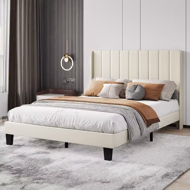 Levede Modern Upholstered Double Bed Frame in Beige and White with Mixed Metal and Wood Materials, W/D/H: 140 x 200 x 141 cm