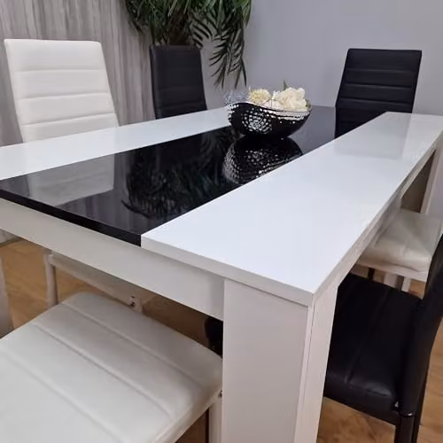 KOSY KOALA Modern Dining Table Set with 6 Black and White Faux Leather Chairs and Black Glass Top, W/D/H: 140 x 80 x 75 cm – 2