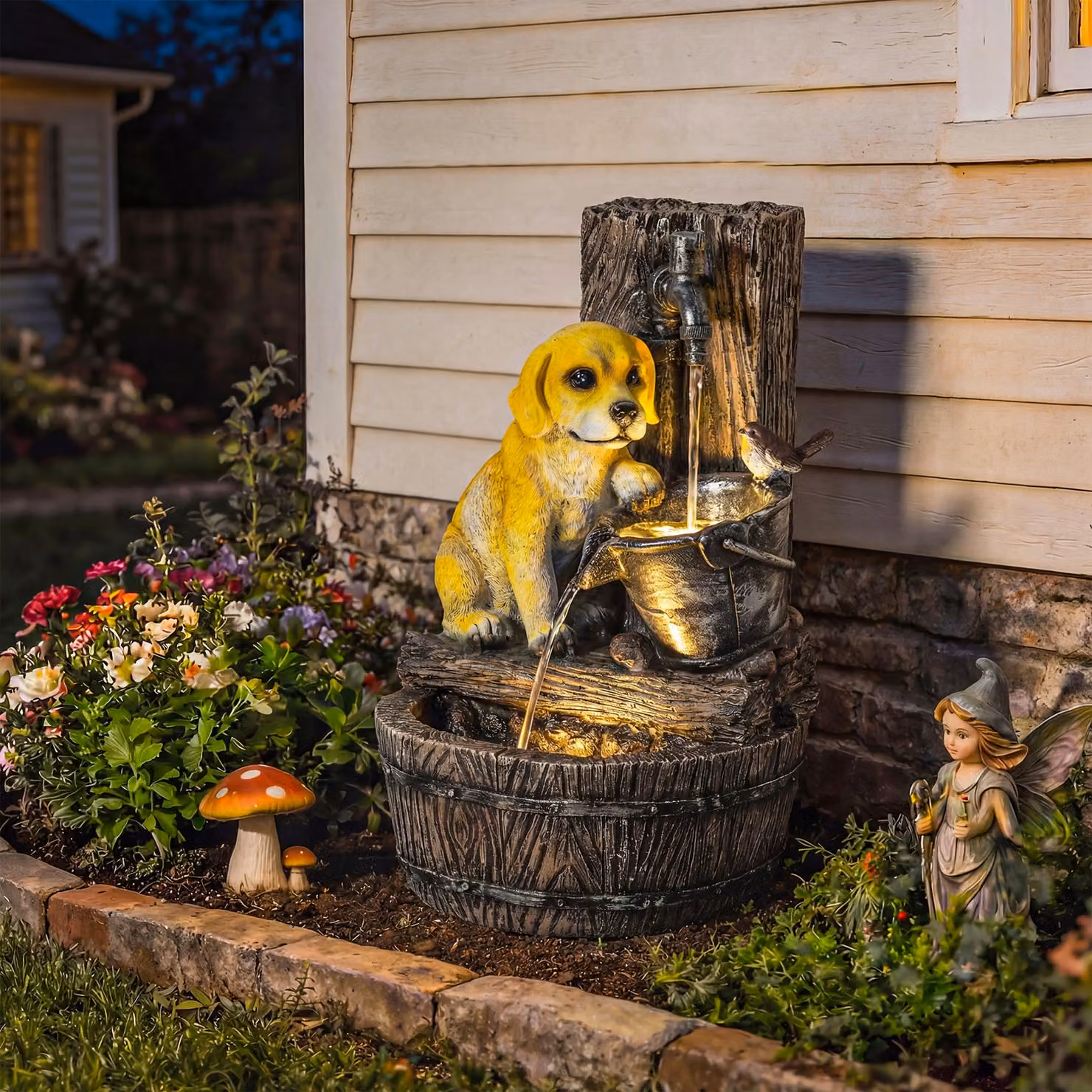 Outsunny Rustic Brown 3-Tier Puppy Design Garden Water Feature with LED Lights, Freestanding Resin Cascade, W/D/H: 56.0 x 35.0 x 6.2 cm – 2