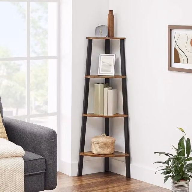 The Bazaarist 4-Tier Industrial Corner Ladder Shelf Bookcase and Plant Stand in Rustic Brown and Black