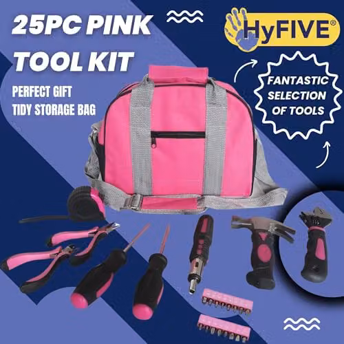 Hyfive 25-Piece Pink DIY Tool Kit with Hammer, Pliers and Screwdrivers in a Pink Carry Case – 2
