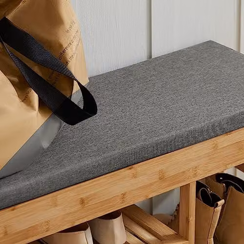 SoBuy Bamboo Shoe Rack and Hallway Bench with Grey Fabric Seat Cushion in Brown – 4