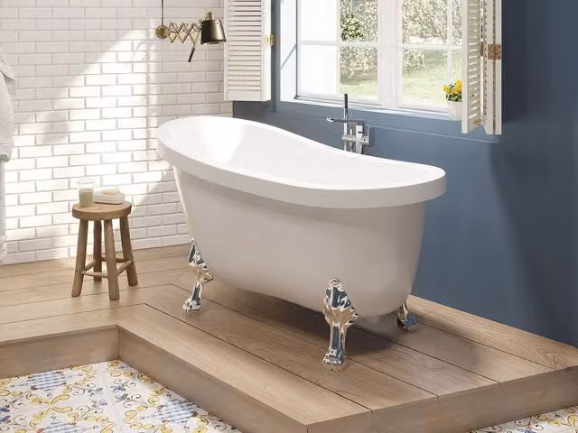 NISOS Retro Oval Freestanding Island Bath in White with Silver Lion Feet, 200 L, W/D/H: 145 x 74 x 77 cm – 1
