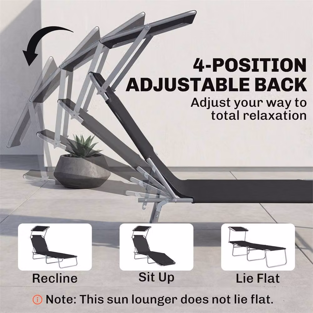 EONLION Black Reclining Sun Lounger Chair with Sun Canopy and Adjustable Headrest – 3