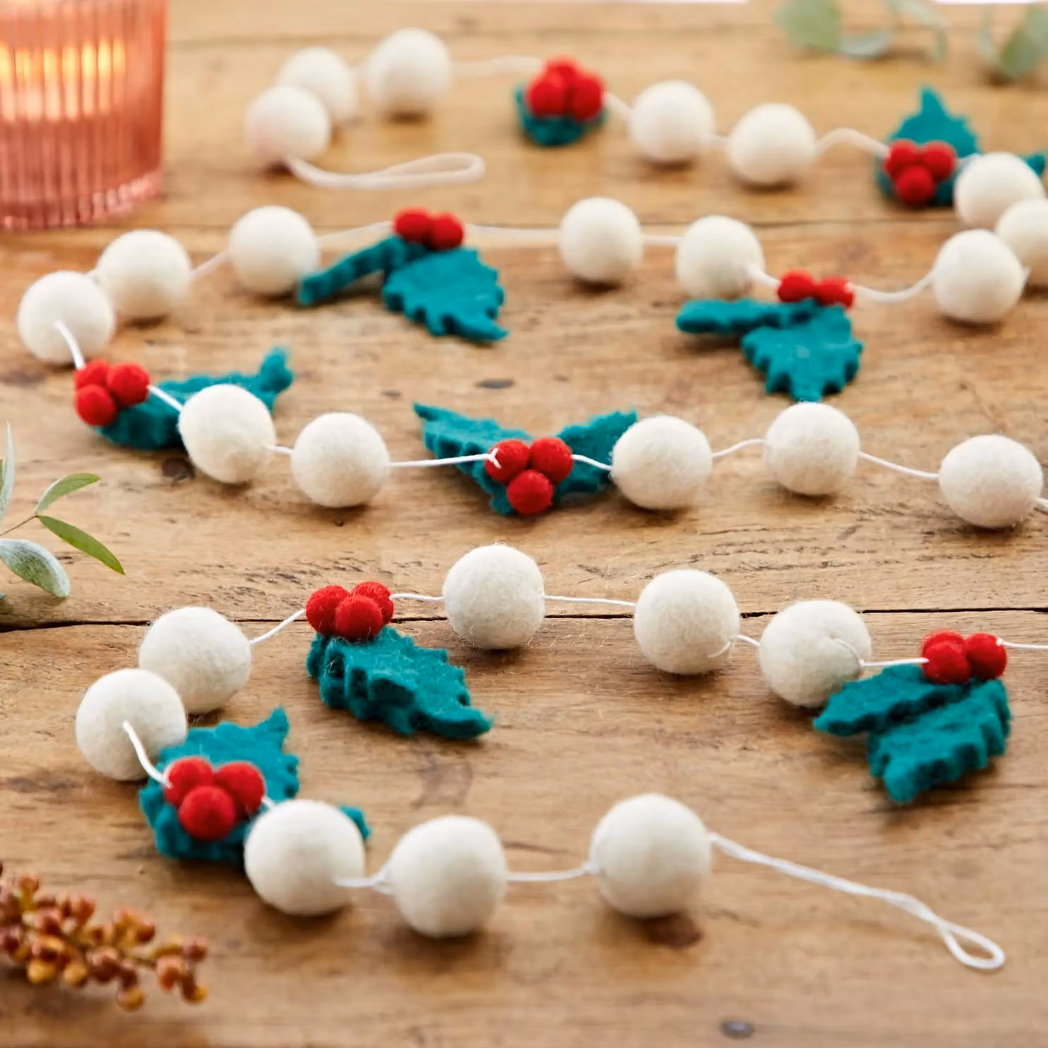 Paper High Felt Holly Christmas Garland with Pom Poms in Red, White and Green – 3