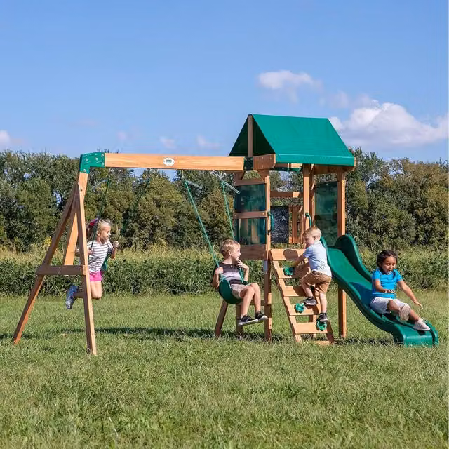 Backyard Discovery Buckley Hill Cedar Wood Climbing Frame with Swings, Slide and Canopy in Multicolour