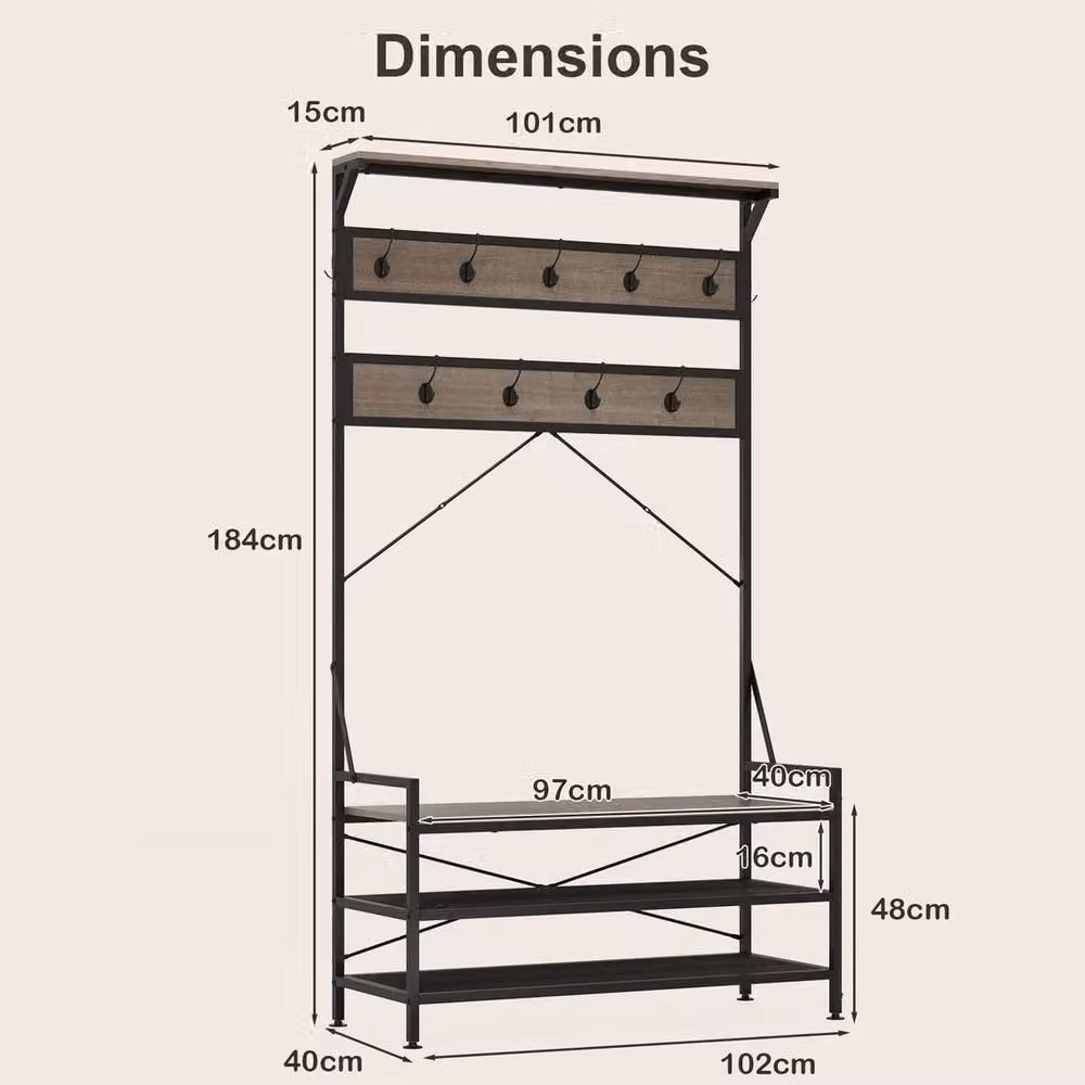 Kelvenix 4-in-1 Industrial Hall Tree with 2-Tier Shoe Rack and Bench in Black – 2
