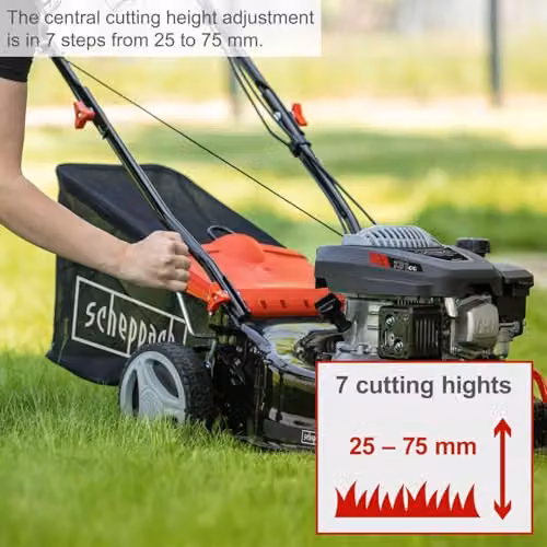 Scheppach MP132-42 Petrol Push Lawn Mower, 131cc 3.3HP 4-Stroke, 42cm Cut, Height: 25–75mm, 45L Grass Collector, Red and Black – 2