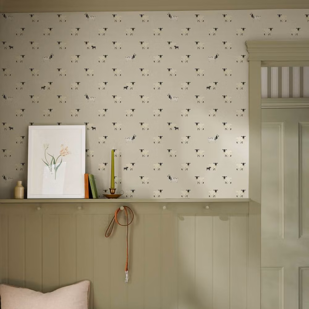 Sophie Allport Sheep Off-White Animal Print Wallpaper in White, Width: 52 cm – 2