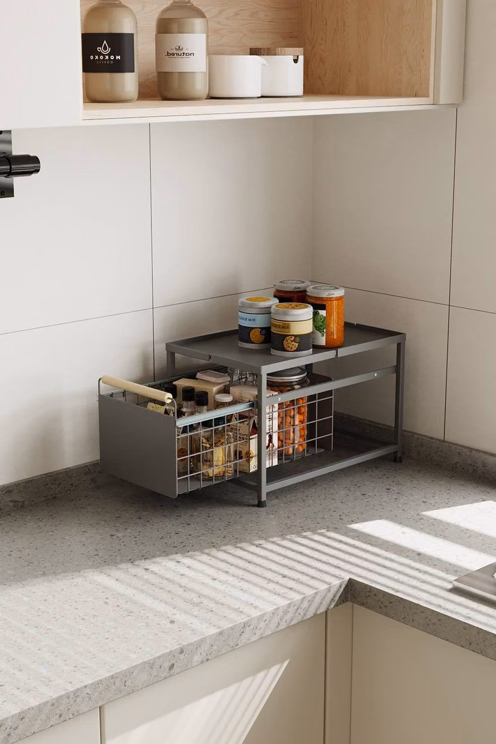 Living and Home 2-tier Metal Kitchen Pull-Out Storage Drawer Basket Organiser and Spice Rack in Grey – 5