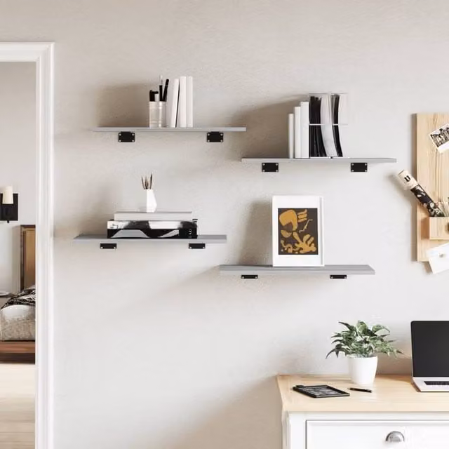 Berkfield Home Set of 4 Wall Mounted Shelves in Grey Sonoma, W/D/H: 60 x 30 x 1.5 cm