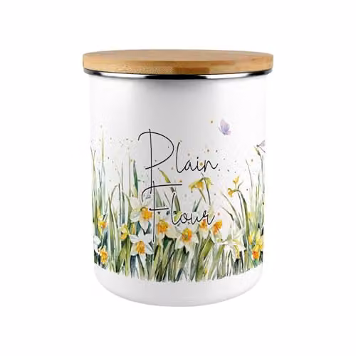Purely Home Floral Enamel Canister with Bamboo Lid in Yellow and White
