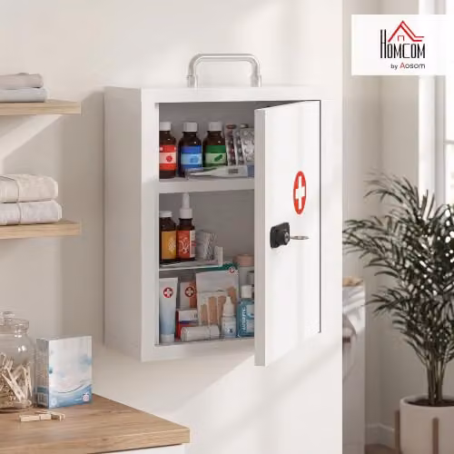 HOMCOM Wall Mounted White Metal Medicine Cabinet with Combination and Key Lock, W/D/H: 32 x 14 x 38 cm – 2