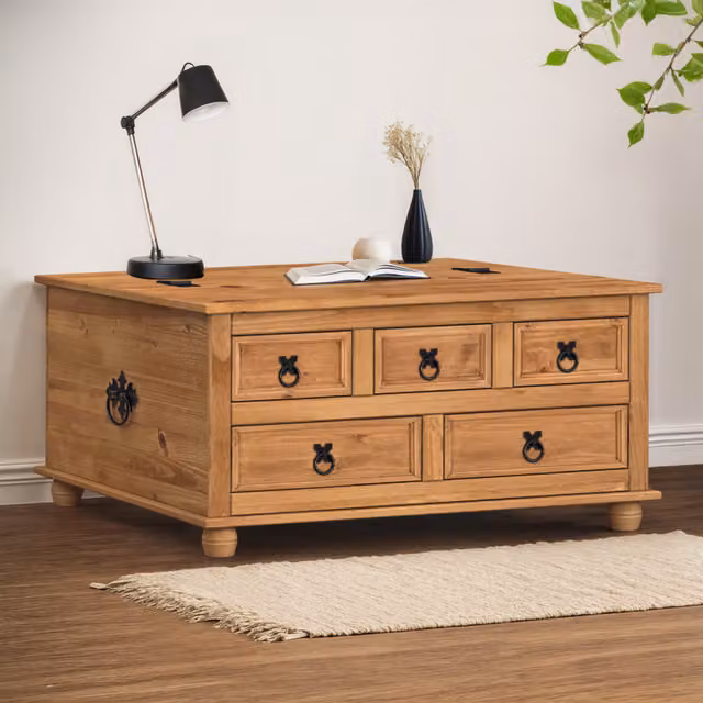 Mercers Furniture Corona 5 Drawer Storage Chest Coffee Table Blanket Box in Solid Mexican Pine, Antique Wax Brown