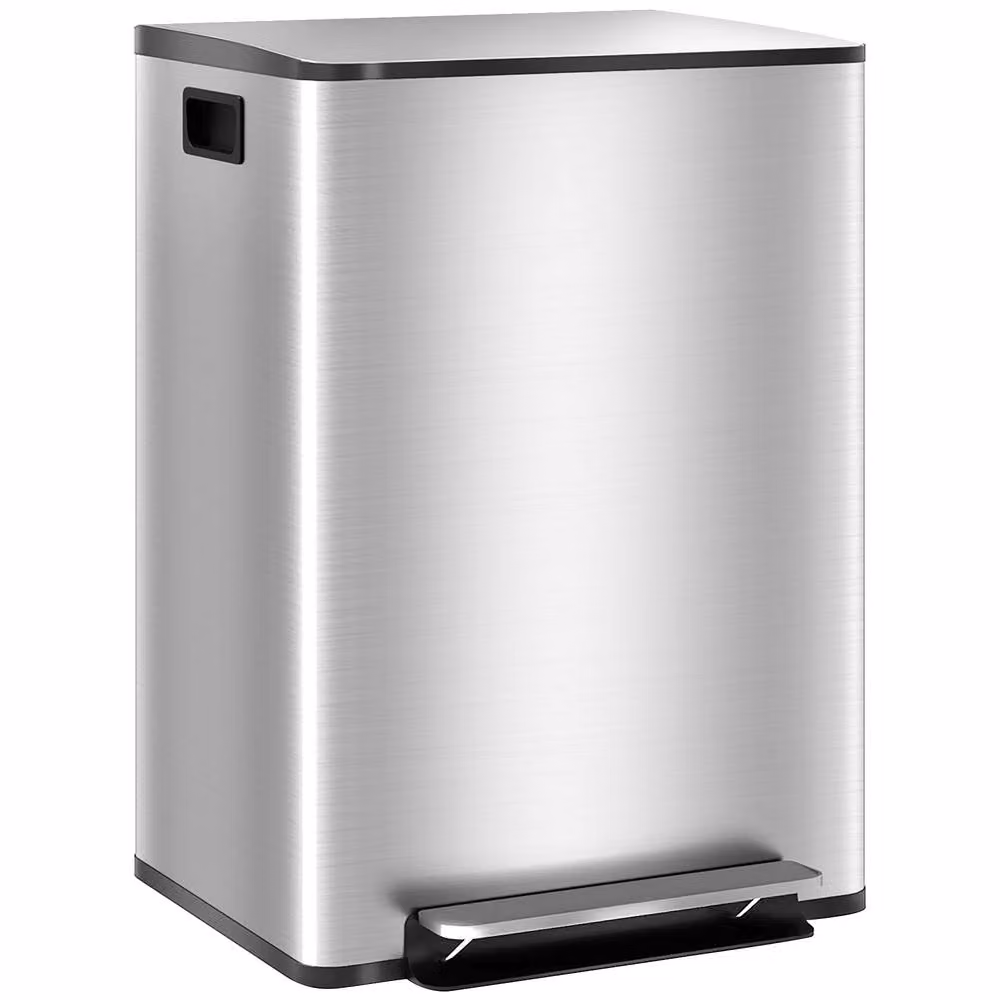 HOMCOM Double Kitchen Pedal Bin with Soft-Close Lid, Silver Stainless Steel, 2 x 30L – 2
