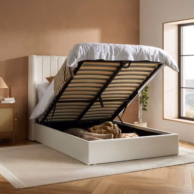 Birlea Maisey White Boucle Upholstered Ottoman King Bed with Lift Up Base – 1