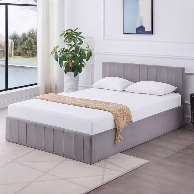 Kosy Koala Grey Velvet Striped Ottoman Bed with Gas Lift Storage and Mattress, Small Double, W/D/H: 120 x 200 cm