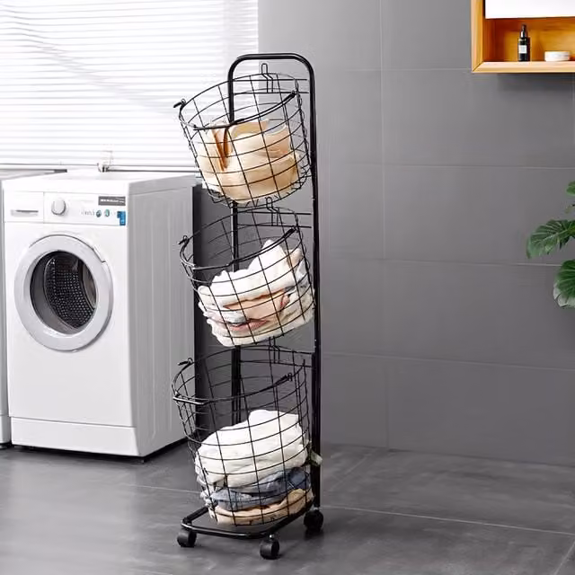 Lifeideas 3-Tier Metal Laundry Basket with Wheels and Handles, Black