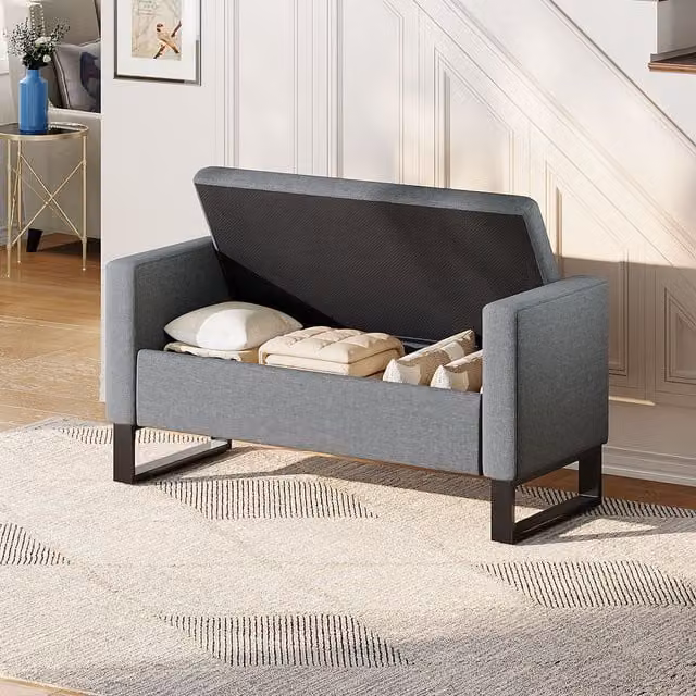 Livingandhome Grey Fabric Upholstered Storage Bench with Armrests