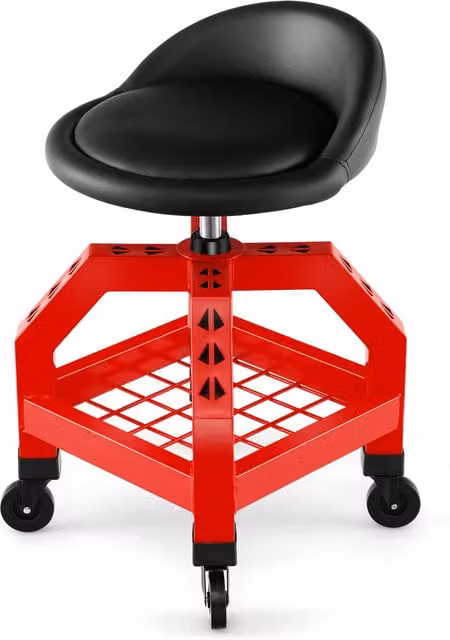 COSTWAY Red Rolling Mechanic Stool with Synthetic Leather Seat and Castors