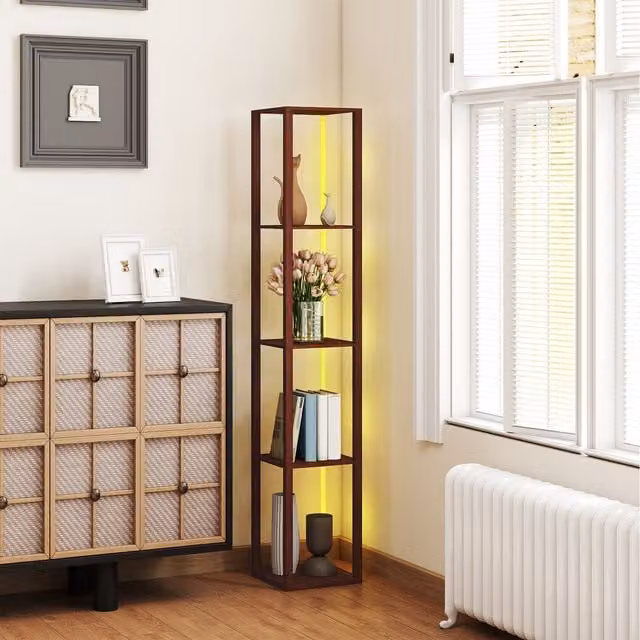 HOMCOM RGB LED Floor Lamp with Shelves and Remote Control in Brown and Multicolour
