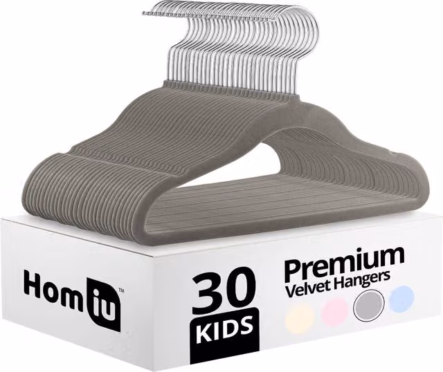 Homiu 30 Pack Non-Slip Velvet Kids Hangers with Swivel Hook, Grey