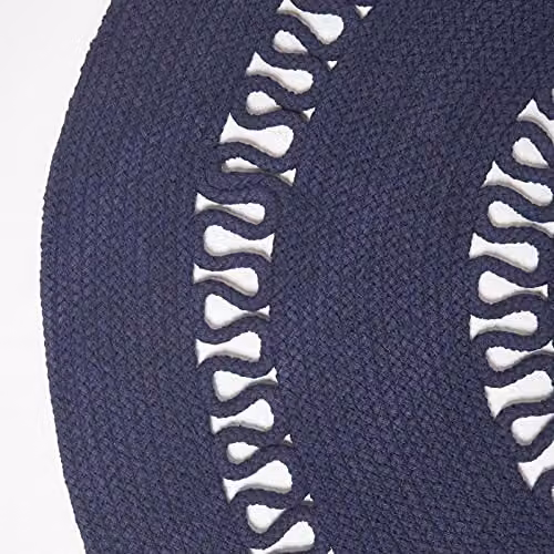 HOMESCAPES Navy Blue Round Crochet Rug, Handwoven Braided Cotton Mat, Diameter: 90 cm – 3
