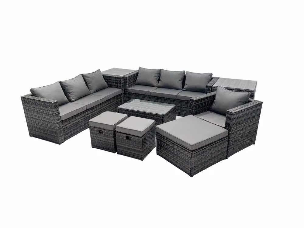 Fimous 10-Seater Patio Coffee Table Sofa Set with 3 Stools and 2 Side Tables in Dark Grey – 2