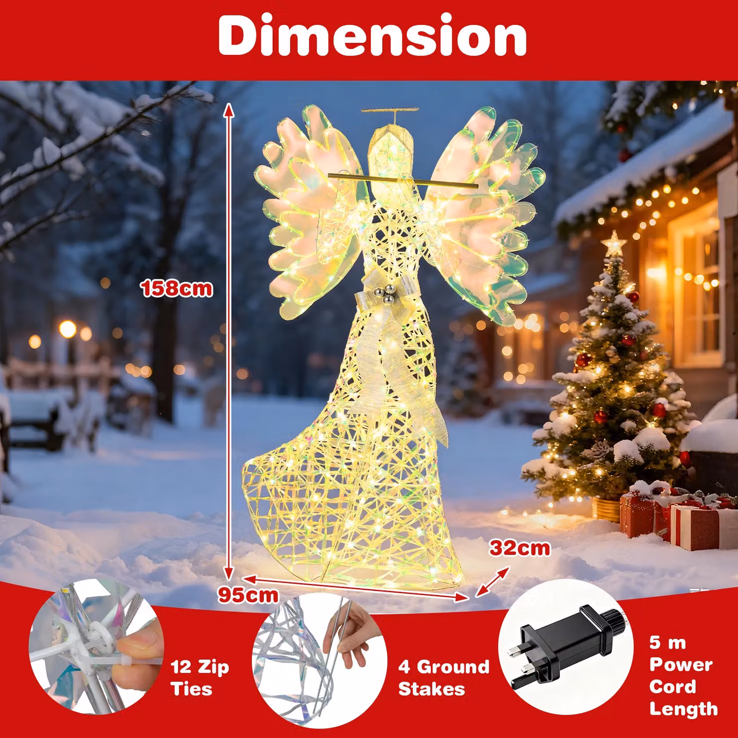 Costway 5.2 FT Lighted 3D Glittering Halo Angel Christmas Decoration in White and Multicolour – 8