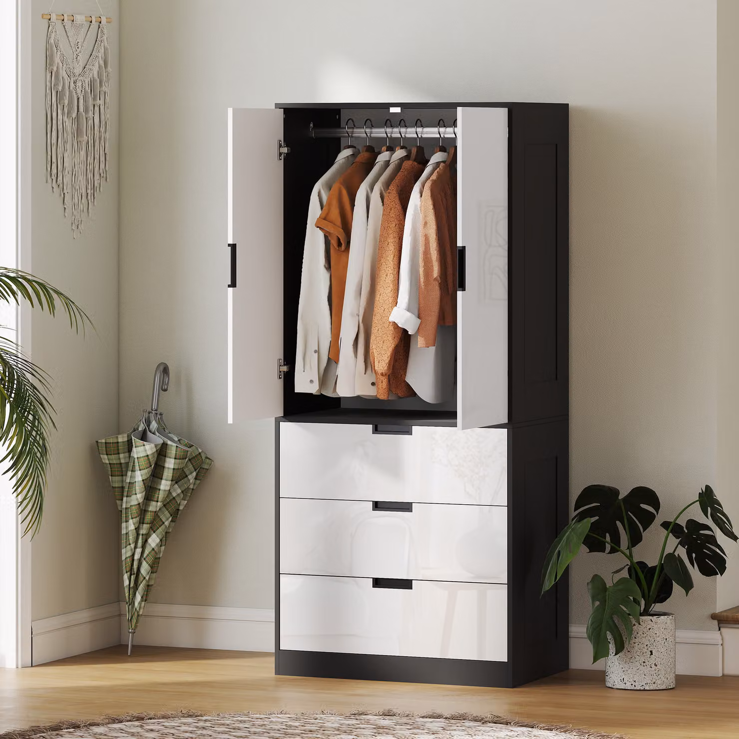 HOMCOM Modern 2 Door High Gloss Wardrobe with 3 Drawers and Hanging Rod in White – 5