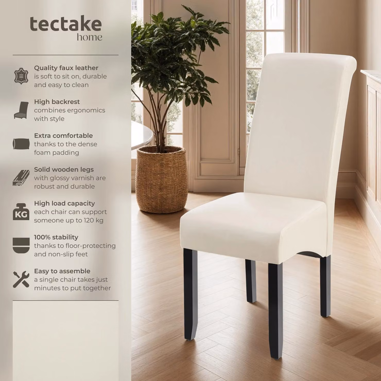 tectake Set of 6 Modern Dining Chairs in Beige Synthetic Leather and Wood – 2