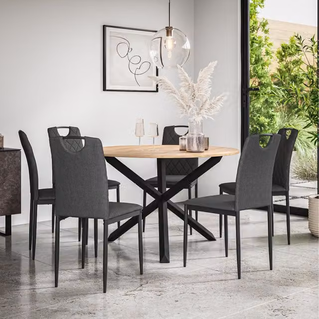 More4Homes Malvern Round Oak Effect Dining Table Set with 6 Charcoal Monza Linen Chairs