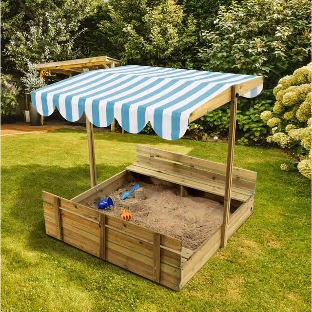 Plum Wooden Sandpit with Canopy and Height Adjustable Sandbox in Brown and Blue
