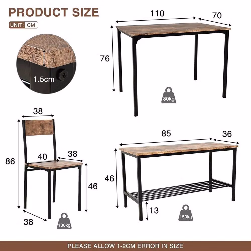 EONLION 4 Piece Compact Rectangular Dining Table Set in Brown and Black, W: 100 cm, H: 76 cm – 2