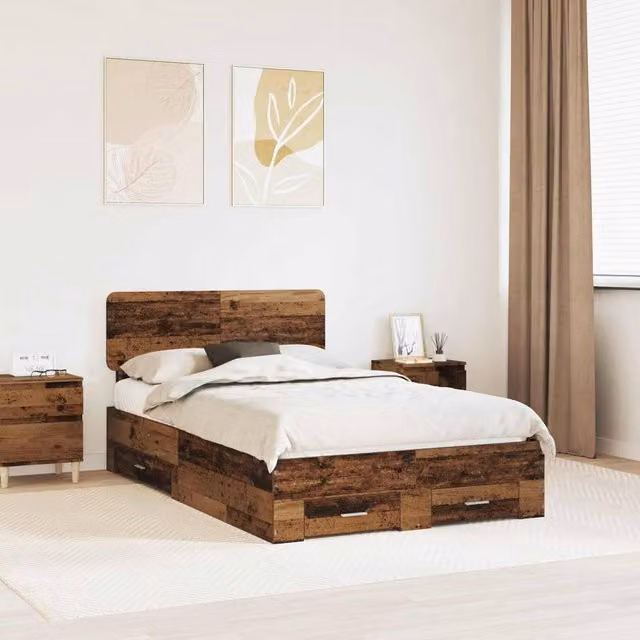 Berkfield Home Bed Frame with Headboard in Old Wood Brown, W/D/H: 120 x 190 cm – 1