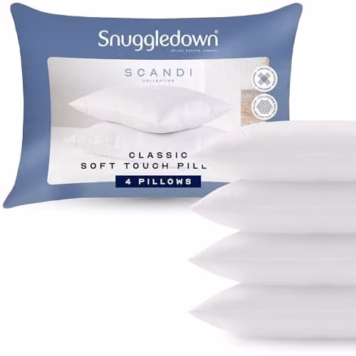 Snuggledown 4 Pack White Microfibre Firm Pillows for Back and Side Sleepers, 48 x 74 cm