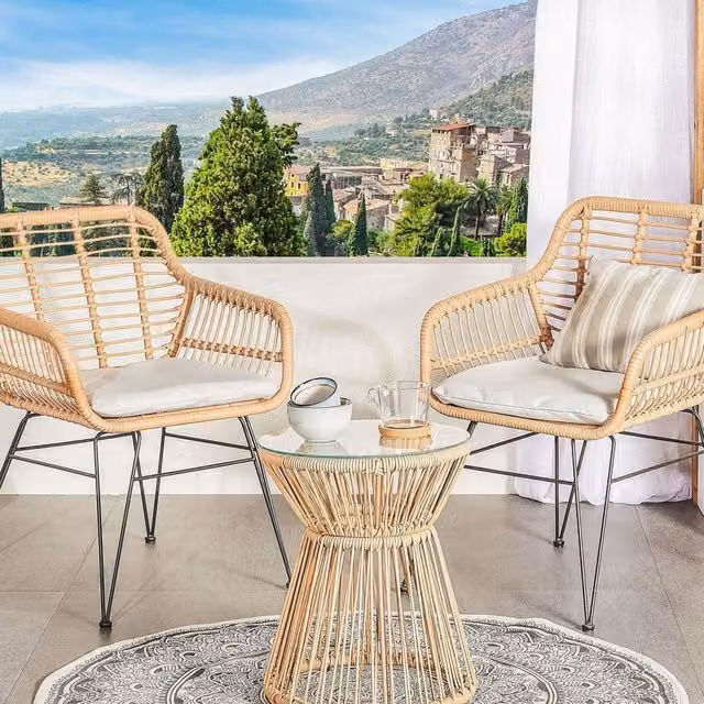 Wyld and Coco 2 Seater Bistro Set with Natural Faux PE Rattan, Glass Table and Grey Cushions