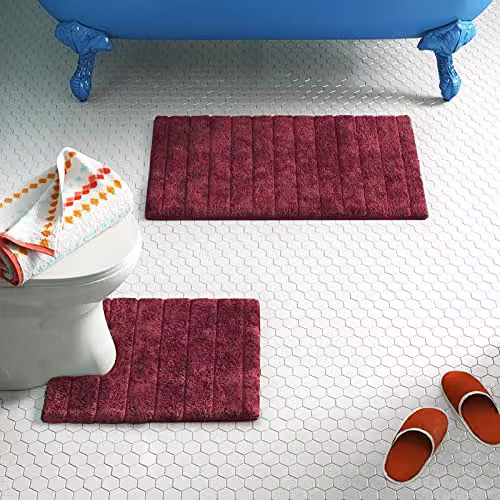 Allure Bath Fashions 2 Piece Ribbed Cotton Bath and Pedestal Toilet Mat Set in Red – 2