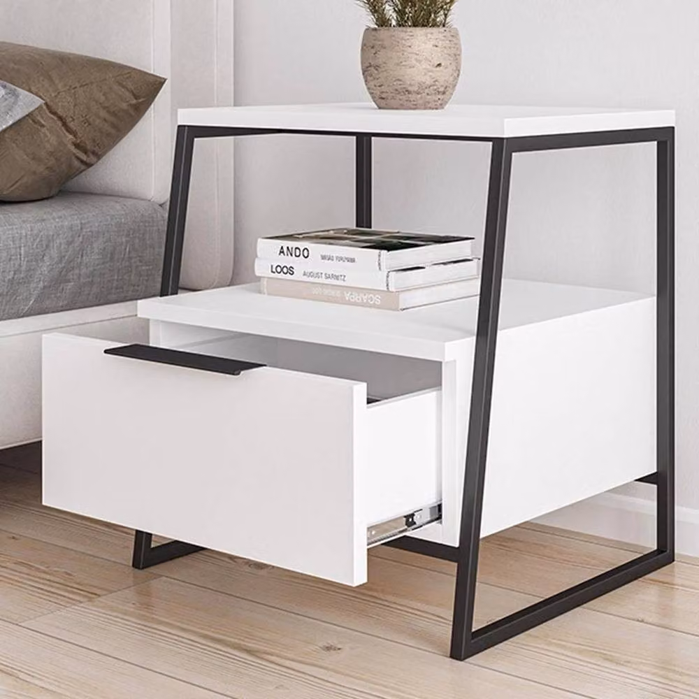 KORVIXA Modern 1 Drawer Bedside Table with Metal Frame in Matt White – 3