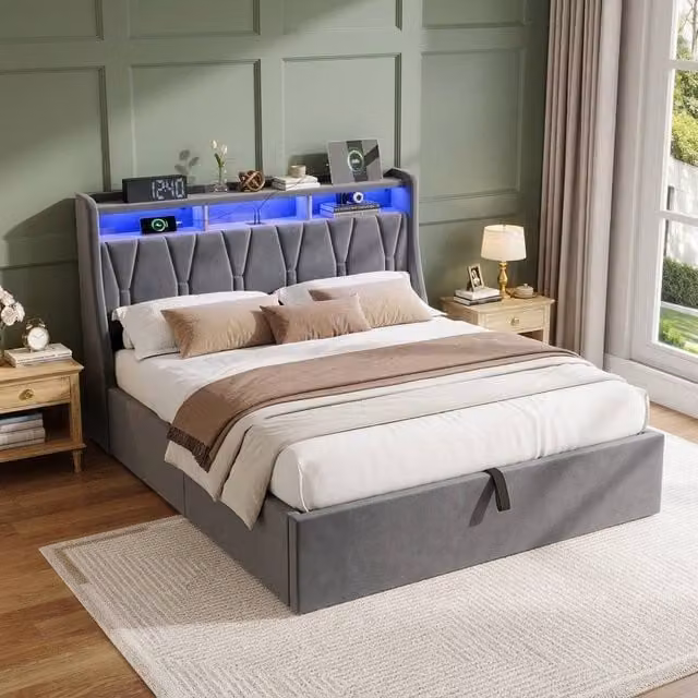 STILVORA Double Ottoman Bed in Grey Velvet with LED Lighting and USB Charging Ports, W/D/H: 140 x 200 cm