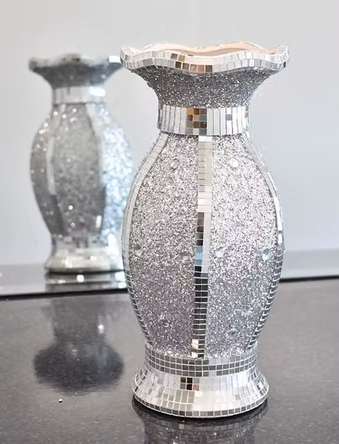 DEENZ Silver Ceramic Mirrored Geometric Flower Vase with Glitter Detail