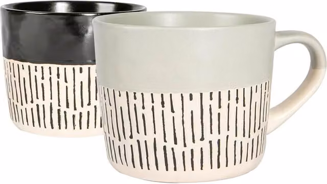 Nicola Spring Dipped Dash Stoneware Coffee Mugs, Pack of 2, Black, Grey and Multicolour, 475ml – 2