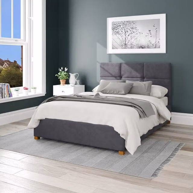 Aspire Caine Plush Velvet Ottoman Storage Bed in Grey, W/D/H: 180 x 200 cm