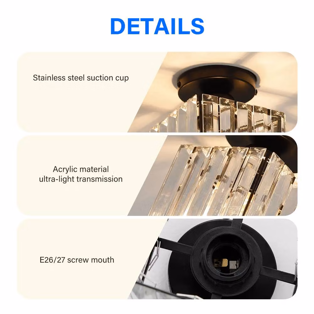 INMTFEI Square Modern Black Metal and Transparent Crystal Semi-Flush Mount Ceiling Light – 4